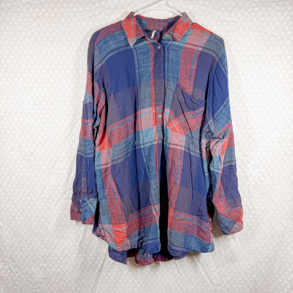 Free People Blue‎ Red Plaid Keep It Cozy Flannel Top